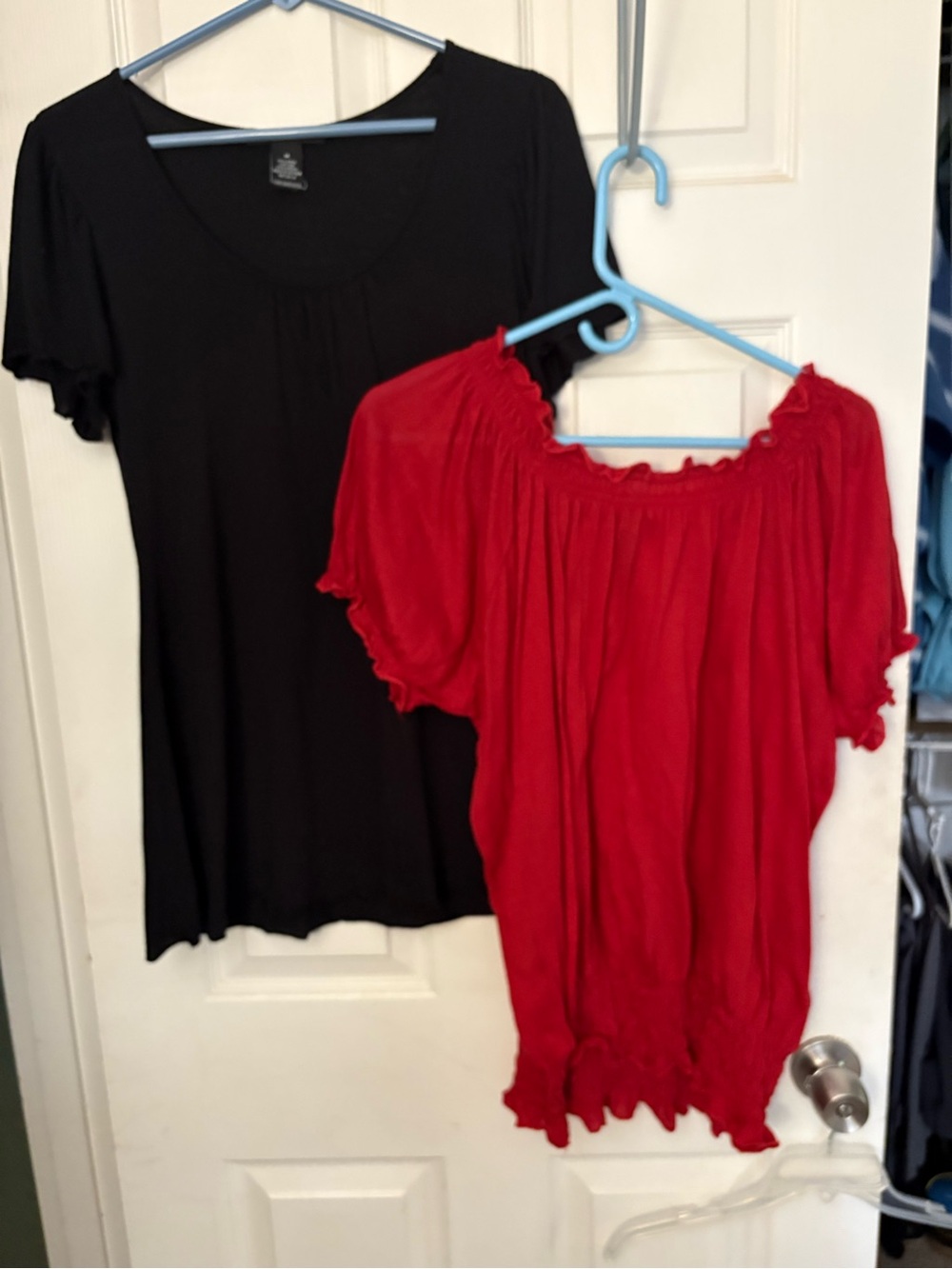 Allie & Rob Black Scoop Neck Tee and Red Peasant Blouse